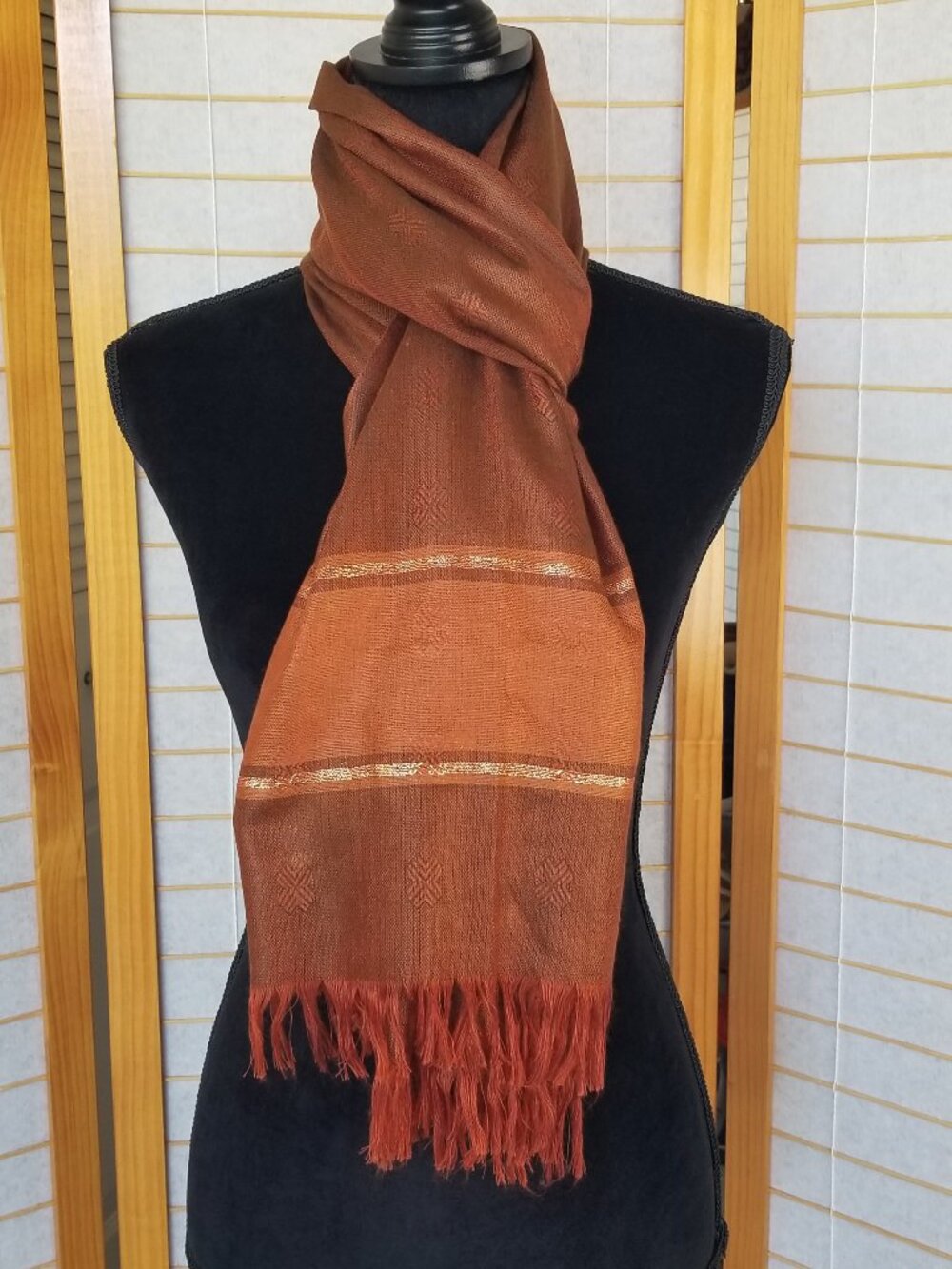 Copper Color Wool Blend Oversized Scarf Wrap Gold Metallic Accents 23" x 74"